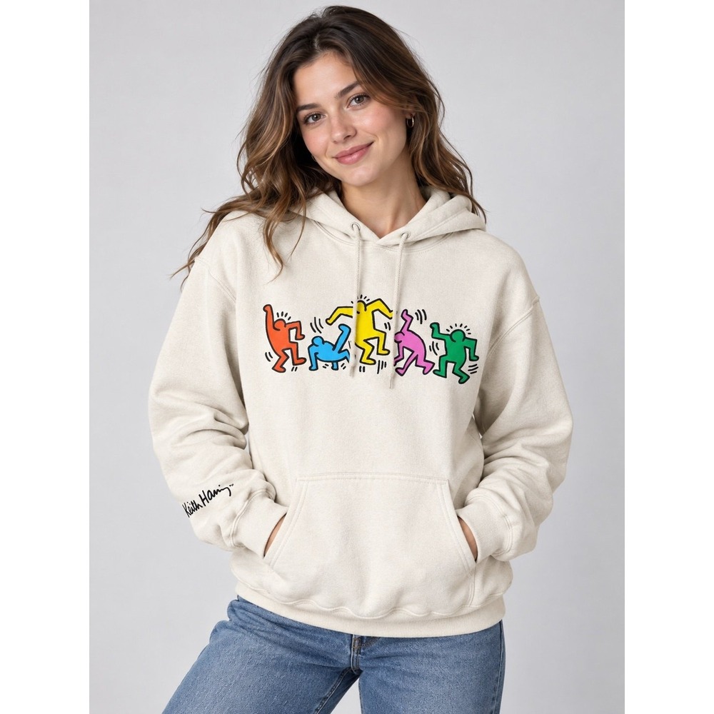 Keith Haring Ripple Junction Dancing Figures Pullover Hoodie Cream Small